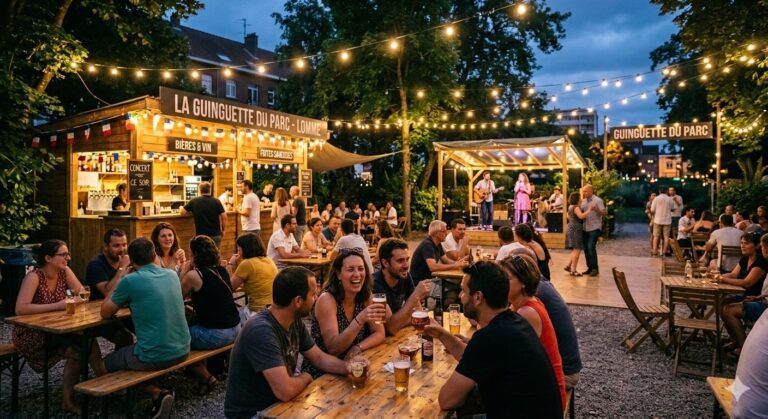 Guinguette estivale dans un parc à Lomme avec habitants profitant d’un moment convivial